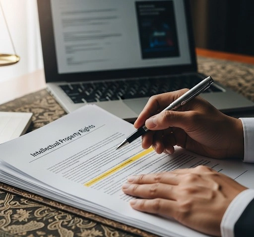 Hands reviewing legal documents with laptop, subtle Javanese motifs, text 'Intellectual Property Rights